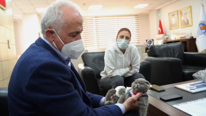 Başkan Gültak engelli kediyi misafir etti