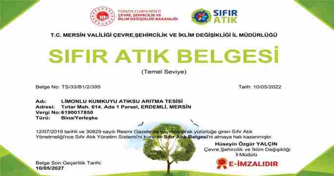 MESKİ Limonlu-Kumkuyu Atıksu Arıtma Tesisine ‘Sıfır Atık Belgesi’ verildi