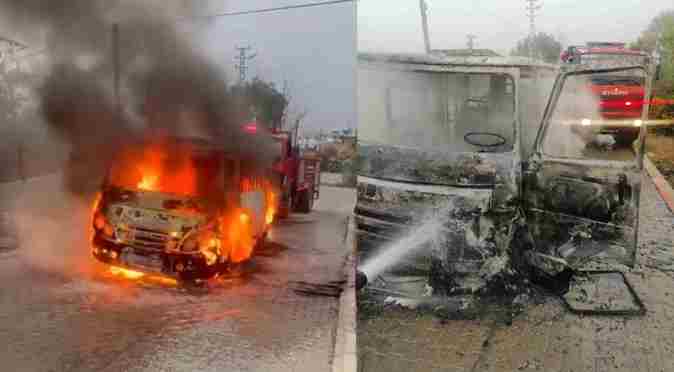 Tarsus’ta tarım işçilerini taşıyan servis aracı alev alev yandı