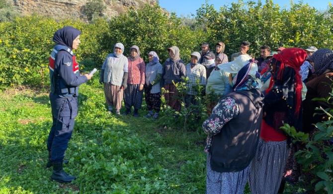 Jandarma limon bahçesinde işçilere ‘Kadına El Kalkamaz’ projesini anlattı